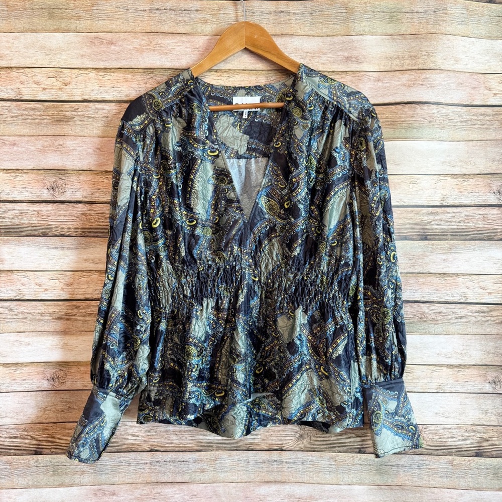 Ganni Blue and Gold Patterned Blouse